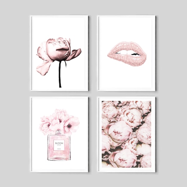 Fashion Art Set, Peonies Prints, Pink Fashion Posters, Perfume Print, Bloom Paris Parfum, Blush Pink Lips Print, bedroom Art, Peony Download