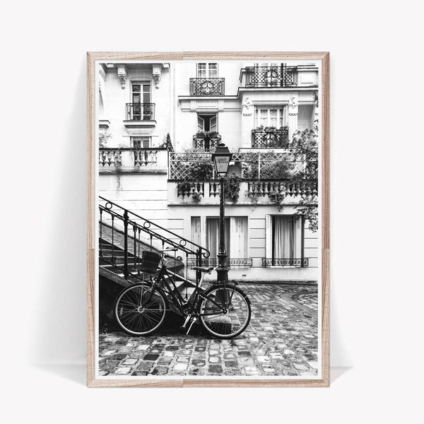 Impression d'art de Paris, photographie de Paris, noir et blanc, art mural de vélo, décor de mur de Paris, décor d'art urbain, affiche d'architecture, bâtiment numérique
