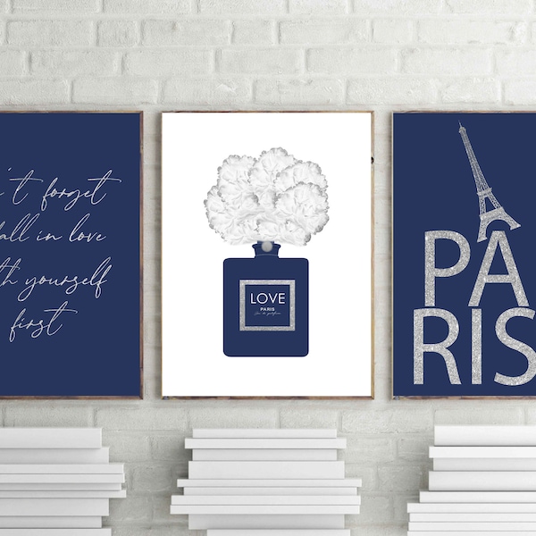 Navy Blue Perfume print, Fashion Quote Poster, Paris Perfume Poster, silver wall art, set of 3, Paris wall art, silver Eiffel tower download