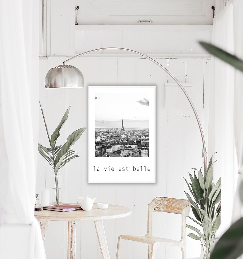 May include: Black and white photograph of the Eiffel Tower and the city of Paris. The text "la vie est belle" is printed below the image.