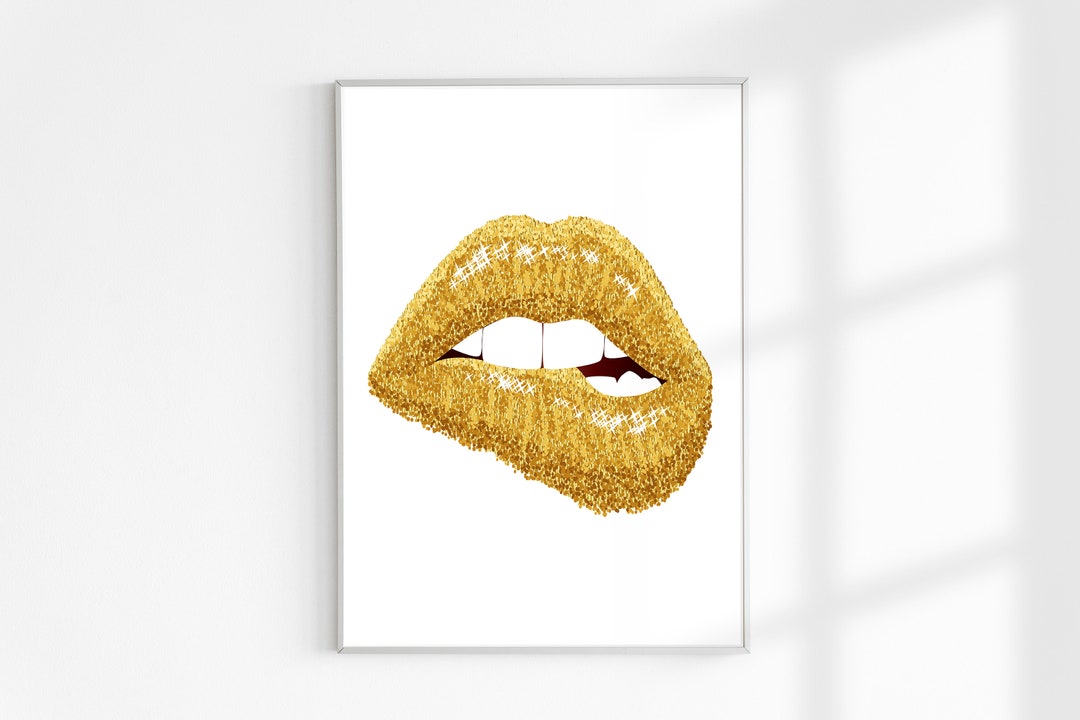 Gold Lips Print, Fashion Wall Art, Sparkle Lips Poster,gold Lips Wall