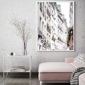 May include: A black and white photograph of a narrow street in Paris, France. The street is lined with tall buildings with balconies and windows. The buildings are painted in shades of white and gray. The street is empty except for a few streetlights.