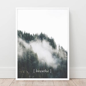 Könnte beinhalten: Ein gerahmter Druck mit einem Foto eines nebligen Waldes mit dem Wort "breathe" in weißer Schrift unten.
