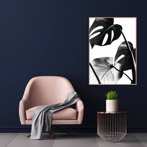 Monstera print, tropical leaves wall art, plant poster, black and white, minimal decor, bedroom digital download, botanical printable art image 5