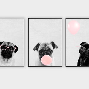 pug prints, nursery wall art, set of 3 pugs, blush pink prints, puppy posters, puppy pugs art, bubble gum print, baby girls bedroom, digital