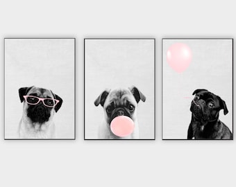 Pug Prints Set of 3, Nursery Wall Art (Digital Download)