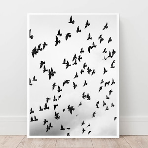 Birds Print, birds abstract, blanco y negro, Flying Birds Print, Flock Of Birds Wall Art, Decoración minimalista, Arte nórdico, descarga digital