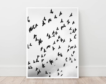 Stampa di uccelli astratti, arte murale in bianco e nero (download digitale)