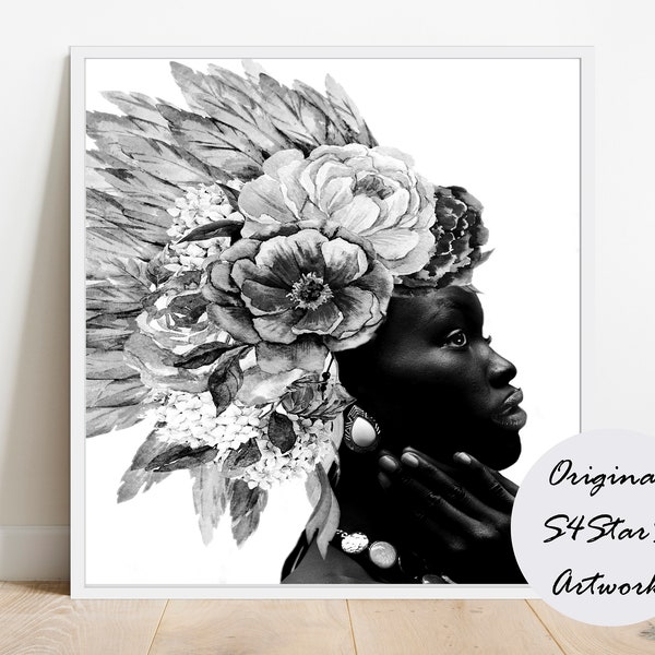 African print, woman portrait art print, model wall art, flowers poster, African woman print, black and white poster, square print, digital