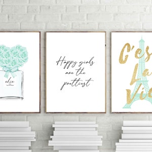 estampado de perfume, póster de rosas verde azulado, estampados de moda, happy girls imprimible, arte mural turquesa, descarga Eiffel, cest la vie gold, descargar