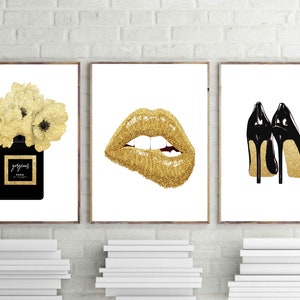 Estampados de moda de París, estampado de labios dorados, póster de tacones, conjunto de 3, perfume chic, descarga digital, decoración de tocador, perfume de peonías de oro, arte de dormitorio