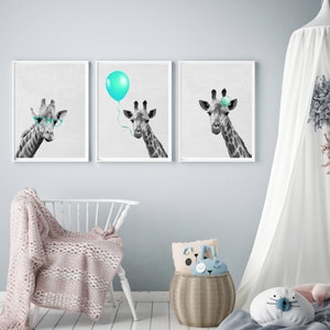 Set of 3, Giraffe print, Nursery wall art, mint green print, Kids Prints, Giraffes Wall decor, peony poster, Baby girl Gift, balloon print