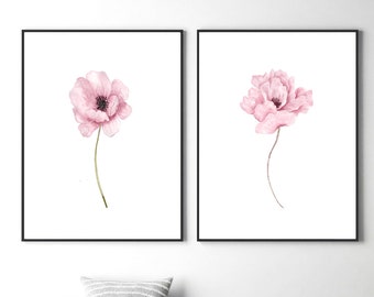 Watercolor Peony Print Set, Blush Pink Floral Wall Art (Digital Download)