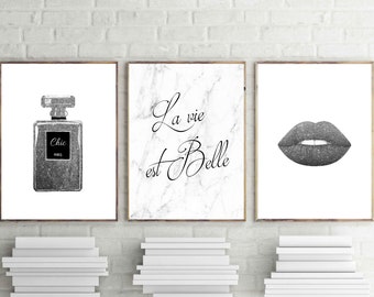 Silver Fashion Prints, Chic Perfume, Marble Wall Art Set (Digital Download)