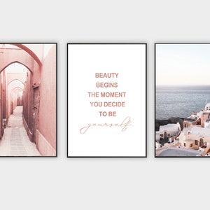 Santorini Wall Art, Oriental Streets Print, Coral Colors Downloads, beauty begins quote, Quote Poster, Peach Color Decor, Greece Photography
