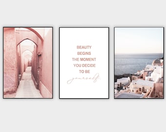 Santorini Griechenland Poster Set, Orientalische Straßen, Pfirsichfarben Dekor (Digitaler Download)