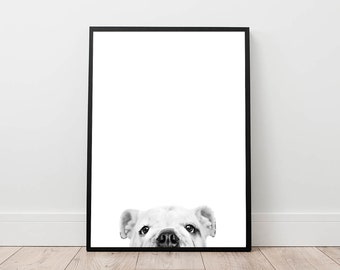 dog print, white bulldog wall art, animal poster, minimal wall decor, nursery art, black and white, puppy printable art, Scandinavian decor