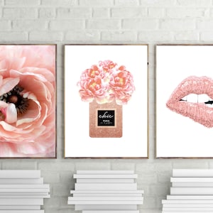 Fashion Prints, Perfume Paris wall art, coral pink wall art, peony poster, set of 3, blush pink flowers, pink lips print, vanity décor