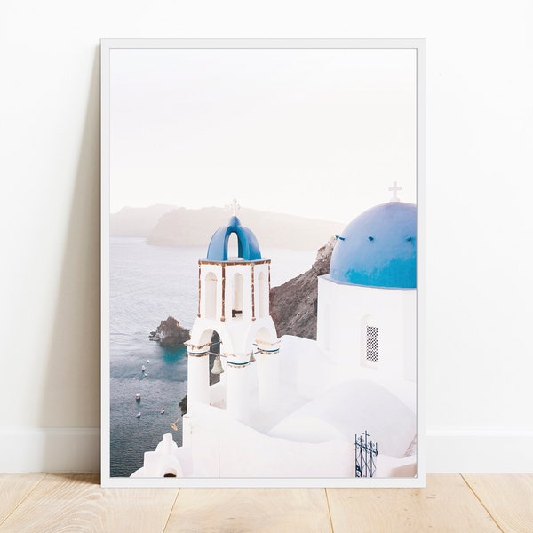Santorini print, Oia Santorini wall art, Greece photography, blue tops churches poster, ocean view printable, coastal print, download