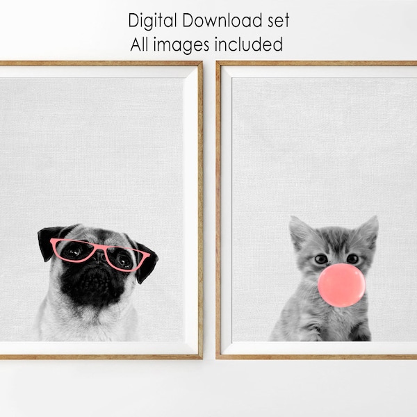 dog print, kitten wall art, nursery set of two, puppy photography, bubble gum poster, blush pink decor, girl bedroom printable art, pug art
