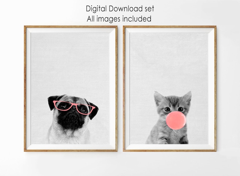 Dog Print Kitten Wall Art Nursery Set of Two Puppy Etsy Canada