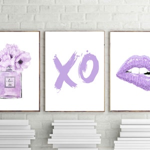 perfume print, fashion prints, lilac wall art, lavender lips poster, XO printable art, purple paris art, bedroom, set of 3, digital download