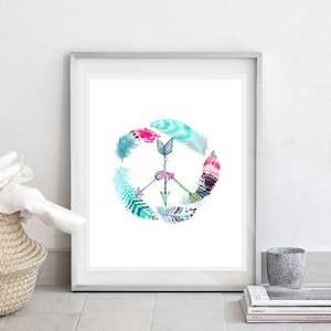 Impresión del signo de la paz, Arte de pared de la paz de plumas, Decoración de pared Boho, Póster gitano boho, Signo de paz con plumas, Decoración verde azulado, Descargar digital