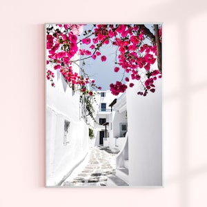 Santorini Poster, griechische Inseln Wandkunst, weiße und fuchsia Kunst, Bougainvillea Poster, Reisefotografie, Ocean Print, digitaler Download