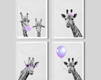 Giraffe Nursery Prints Set, Purple Balloons, Flower, Chewing Gum (Digital Download)