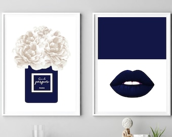 Navy Blue Fashion Art Prints, Perfume & Lips Decor (Digital Download)