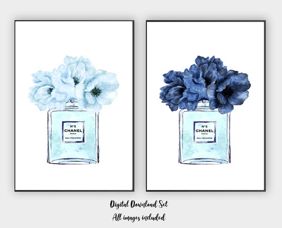 Coco Chan Druck Blaue Pfingstrosen Kunst Chan No5 Poster Cc Etsy