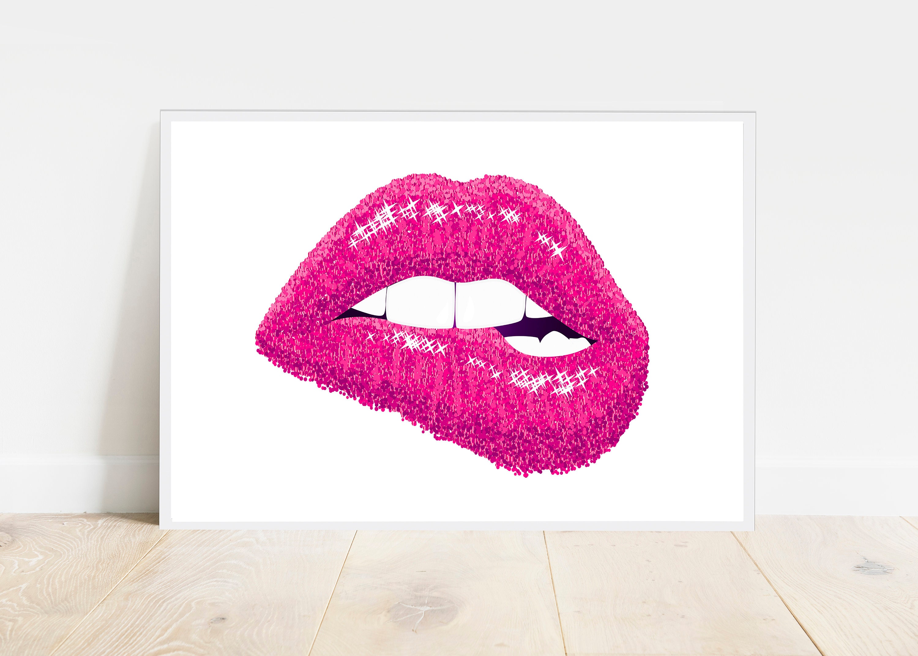 Pink Lips Print Fashion Wall Art Sparkle Lips Poster Etsy