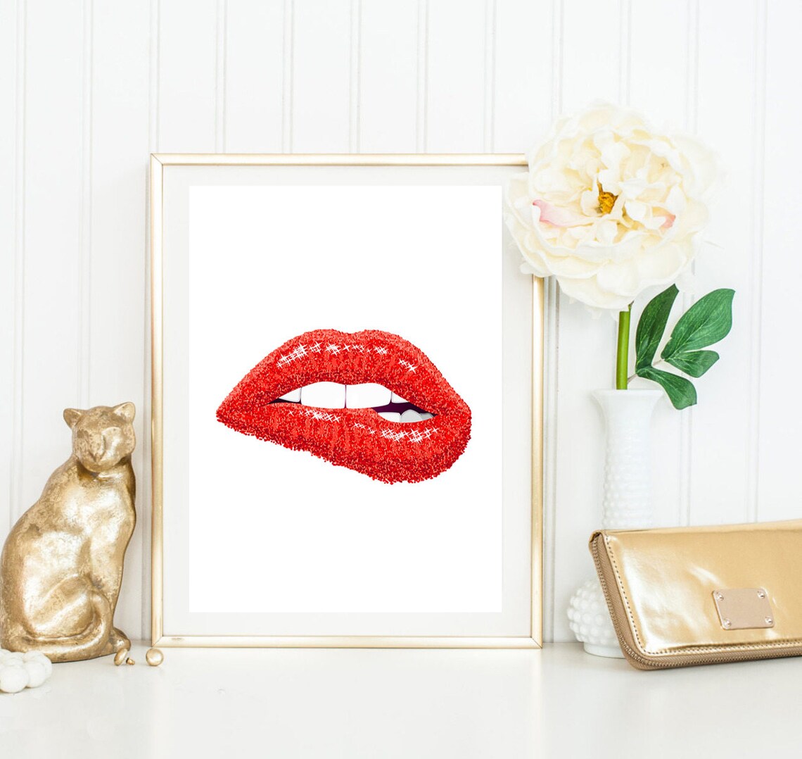 Red lips print fashion wall art sparkle lips poster red Etsy