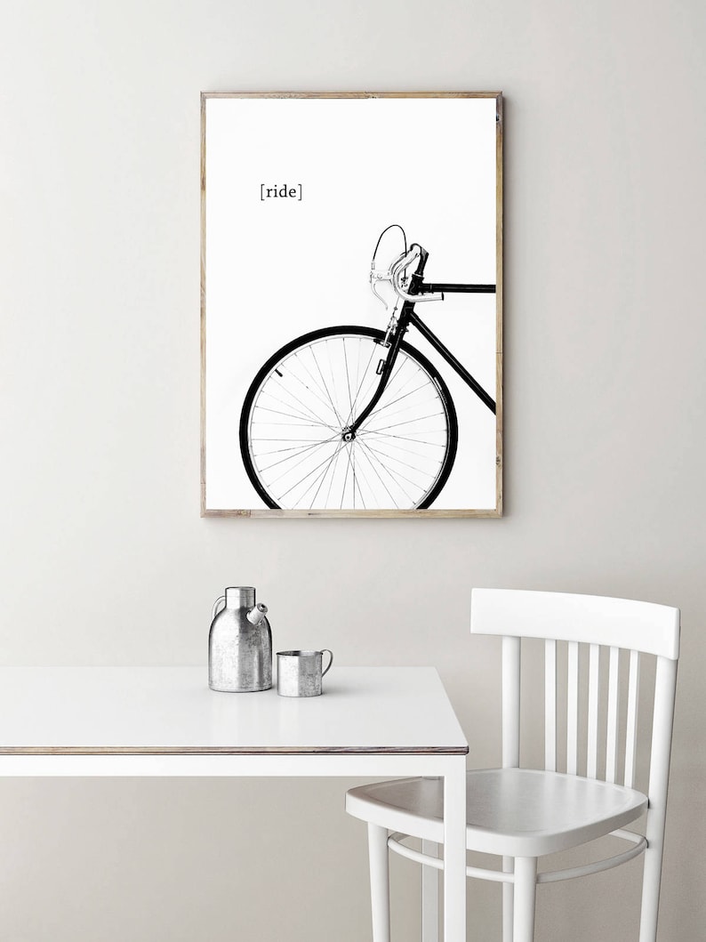 nadruk rowerowy, plakat rowerowy, sztuka ścienna rowerowa, minimalny wystrój ściany, jeździć na rowerze cyfrowym, czarno-biała sztuka do druku, współczesny wystrój zdjęcie 3