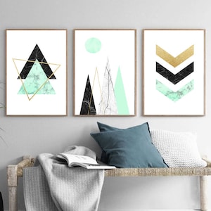 set of 3, abstract prints, Nordic style wall decor, Scandinavian mountains poster, chevron affiche scandinave wall art,geometric triangles
