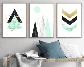 set of 3, abstract prints, Nordic style wall decor, Scandinavian mountains poster, chevron affiche scandinave wall art,geometric triangles