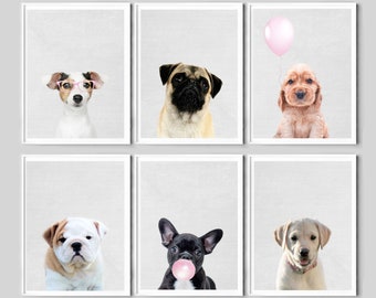 Cute Puppies,  Pink Posters, Nursery Wall Art, Dog Prints, Set of 6, pug Print, Labrador Printable Art, bulldog Print, Kid Bedroom, Girls