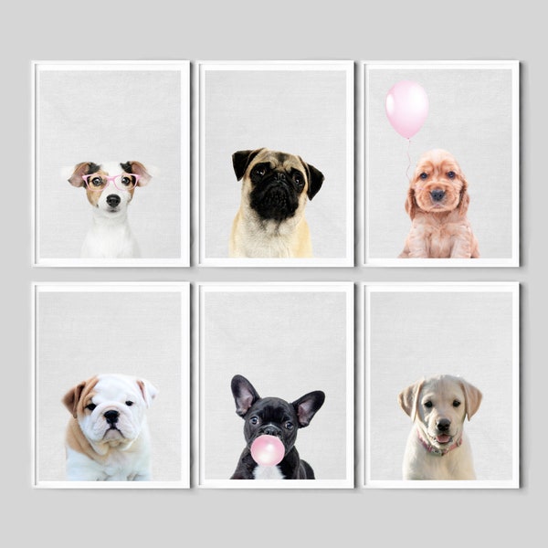 Süße Welpen, Rosa Poster, Kinderzimmer Wandkunst, Hund Prints, 6er Set, Mops Print, Labrador Druckbare Kunst, Bulldogge Druck, Kinderzimmer, Mädchen