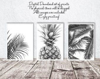 Palm leaves printable art, set of three, tropical prints, pineapple poster, black and white, minimal decor, palm tree wall art, digital art