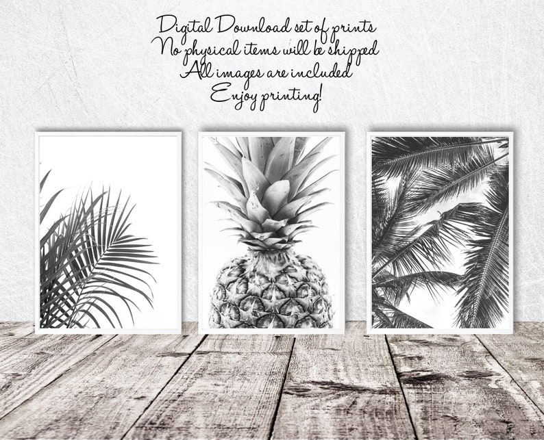 Palm leaves printable art, set of three, tropical prints, pineapple poster, black and white, minimal decor, palm tree wall art, digital art image 1