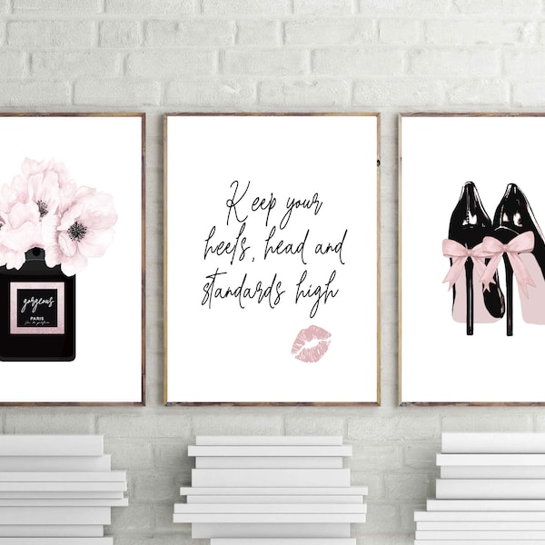 fashion prints, paris perfume poster, heels wall art,  keep your heels quote print, blush pink art, gorgeous perfume, digital download