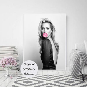 Kate Moss print, Kate moss bubble gum wall art,fashion print, make up print, bubble gum print, powder room, supreme celebrities, black&white image 1