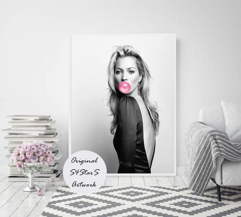 Kate Moss print, Kate moss bubble gum wall art,fashion print, make up print, bubble gum print, powder room, supreme celebrities, black&white image 1