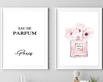 Perfume Poster, Set of 2 wall art, fashion prints, Peonies Perfume print,Paris sign,Blush Pink prints, Eau De Perfume posters