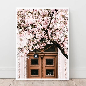 Door print, Paris Door wall Art, Architecture Print, Cherry Blossom Poster, Pink Wall Decor, Fashion Wall, Digital Download, Flower Wall Art