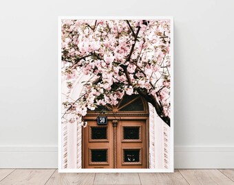 Paris Door Print, Cherry Blossom Tree, Pink Architecture (Digital Download)