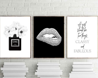 silver fashion prints, chic perfume poster, set of 3, chic paris wall art, silver lips art, vanity decor, black and white, digital download