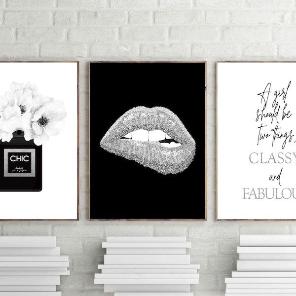 silver fashion prints, chic perfume poster, set of 3, chic paris wall art, silver lips art, vanity decor, black and white, digital download