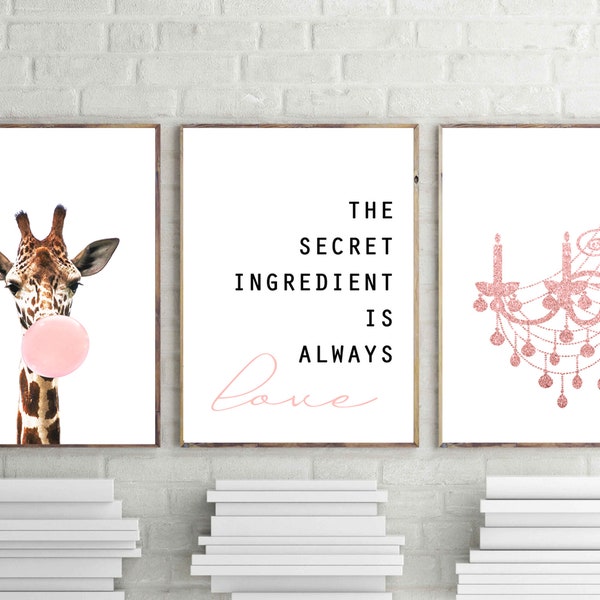 Set Of 3, giraffe poster, Nursery Wall Art, Blush Pink Prints, Bubble Gum Print, Chandelier Art Decor, Quote Art Print,Baby Girl Bedroom Art