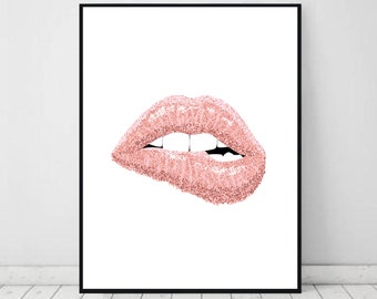 Lippen Druck, rosa Lippen Poster, hellrosa Wandkunst, Blush rosa Dekor, glitzernde Lippen Druck, Mode-Wanddekor, Eitelkeits-Kunstdekor, digitale Kunst
